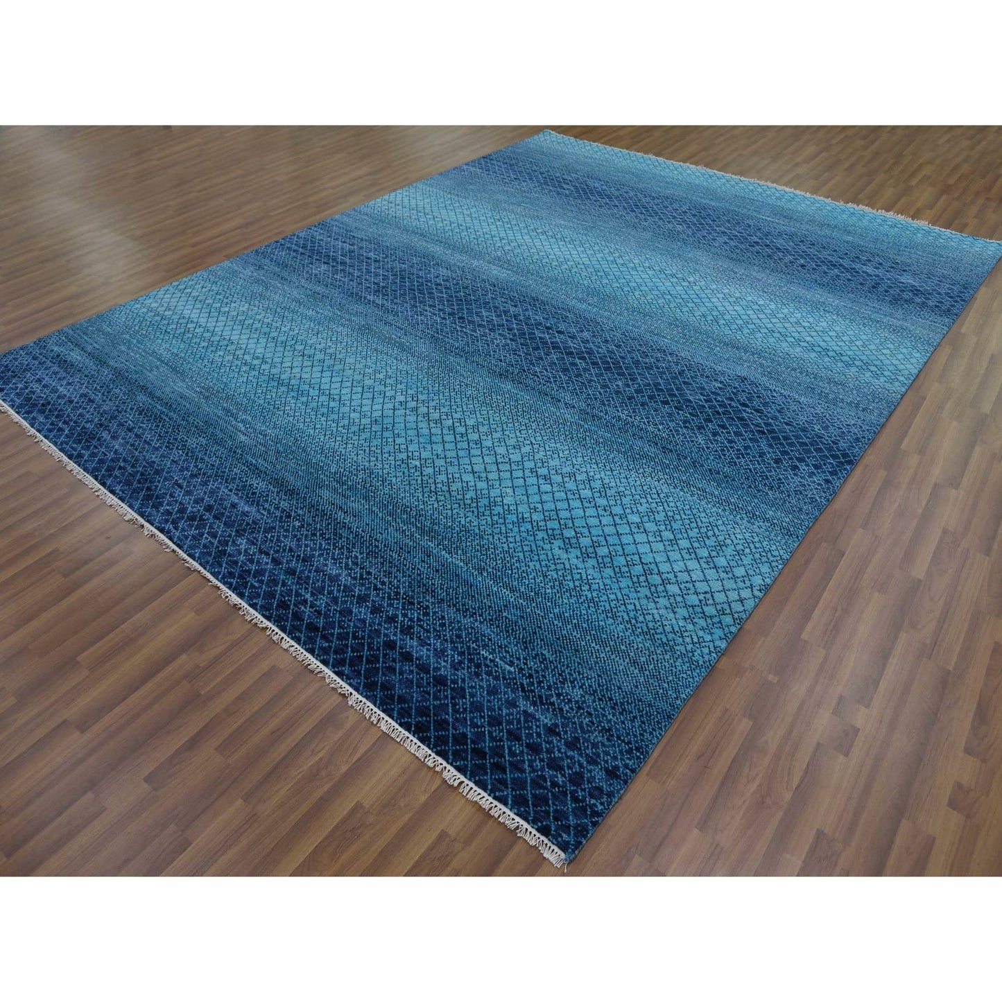 9'X11'7" Blue Pure Wool Hand Knotted Modern Chiaroscuro Collection Rug