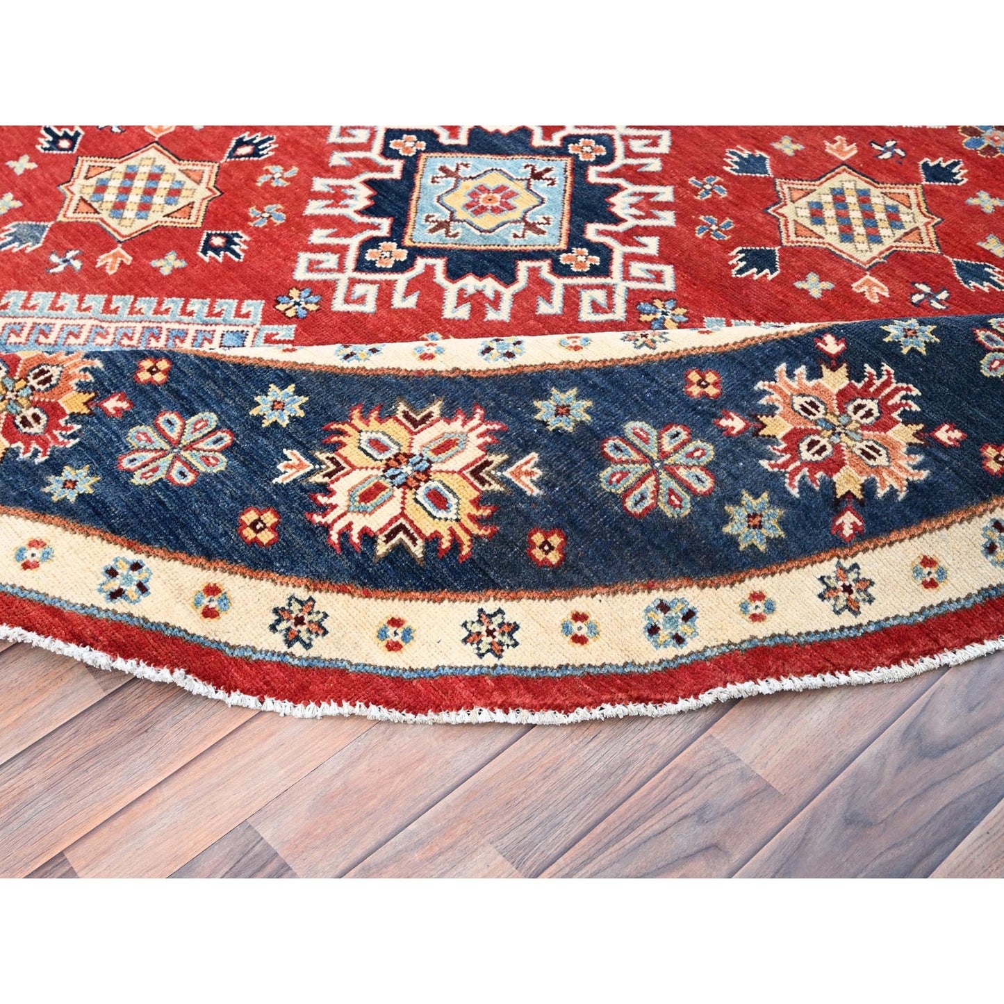 7'10"X7'9" Red Soft Wool Special Kazak Hand Knotted Round Oriental Rug