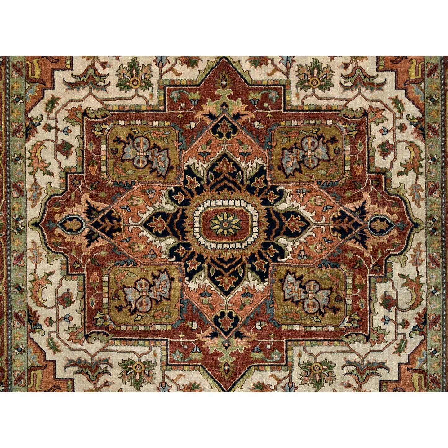 7'9"X9'9" Ivory Heris Medallion Design Pure Wool Hand Knotted Rug