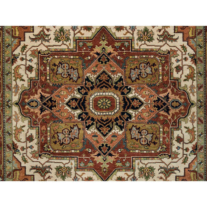 7'9"X9'9" Ivory Heris Medallion Design Pure Wool Hand Knotted Rug