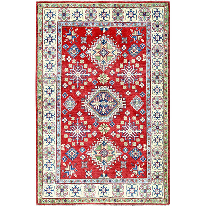 4'X6' Crimson Red Kazak With Tribal Motifs Hand Knotted Pure Wool Rug