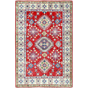 4'X6' Crimson Red Kazak With Tribal Motifs Hand Knotted Pure Wool Rug