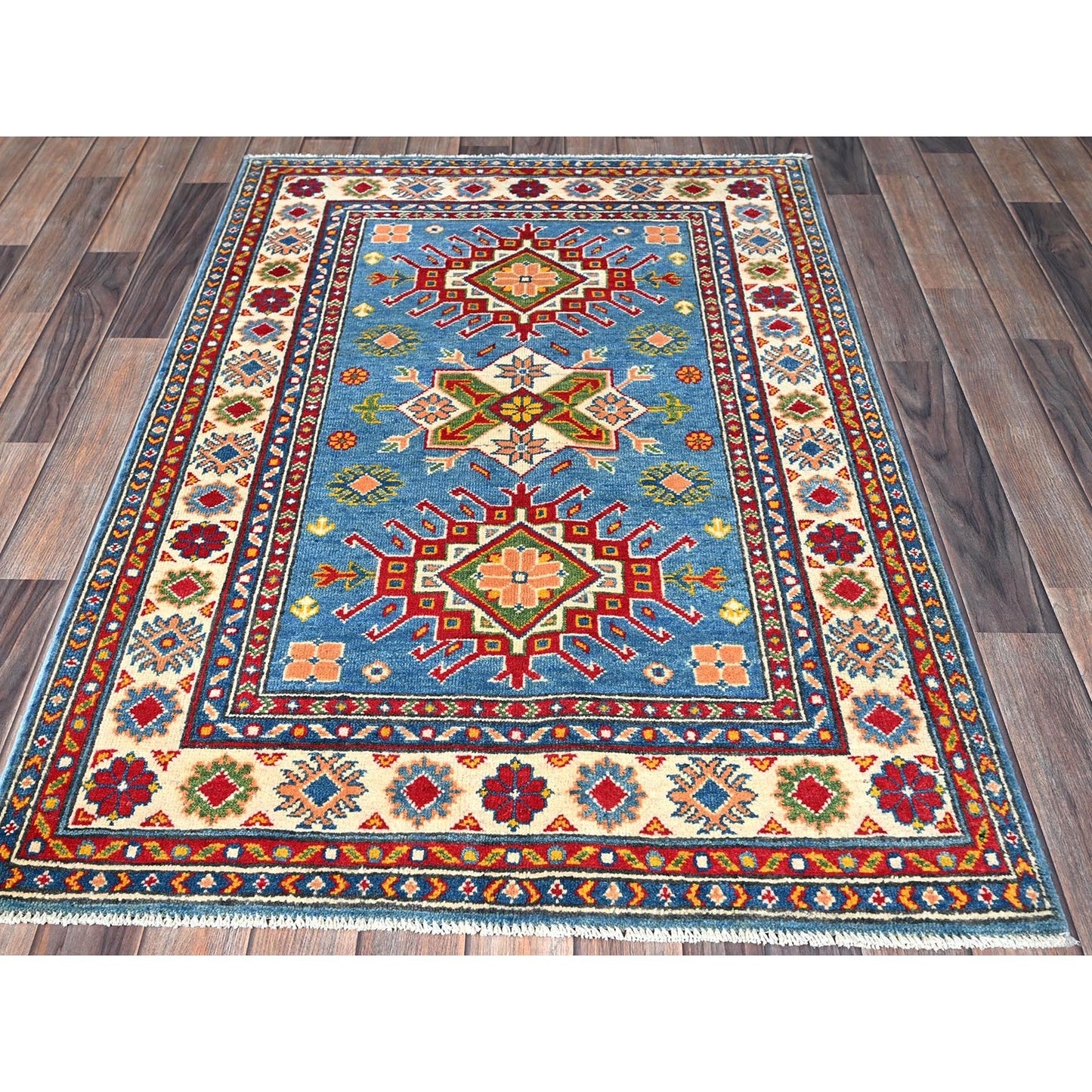 3'4"X5' Blue Kazak With Tribal Medallions Design Hand Knotted Wool Rug