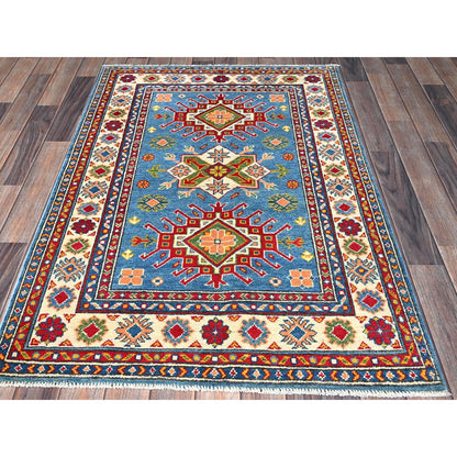 3'4"X5' Blue Kazak With Tribal Medallions Design Hand Knotted Wool Rug