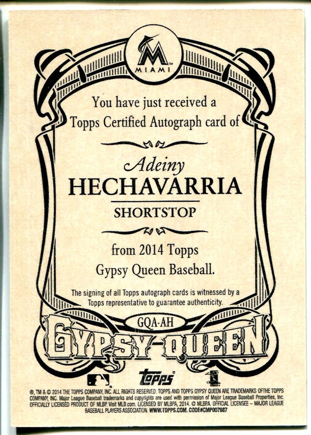 Adeiny Hechavarria 2014 Topps Gypsy Queen Autographed Card