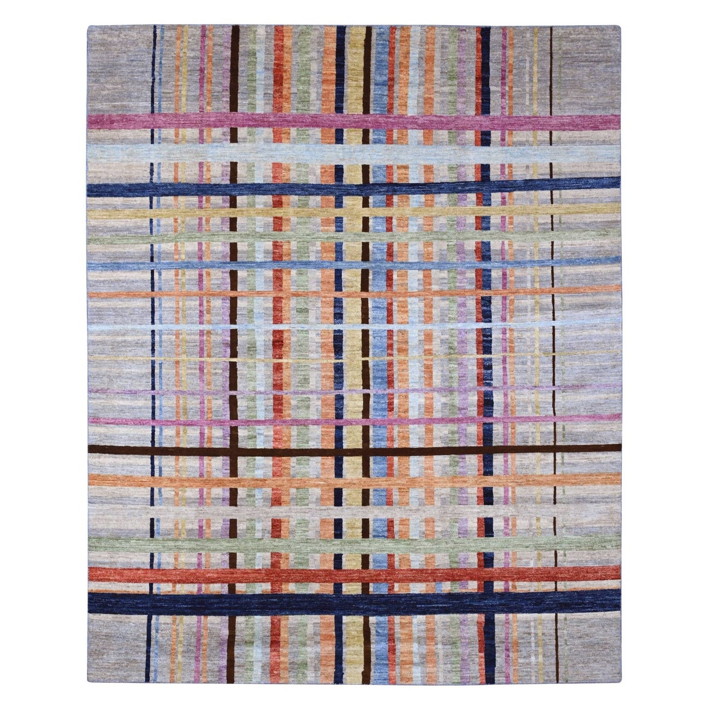 7'10"X9'9" Gray Criss Cross Colorful Line Design Hand Knotted Wool Rug
