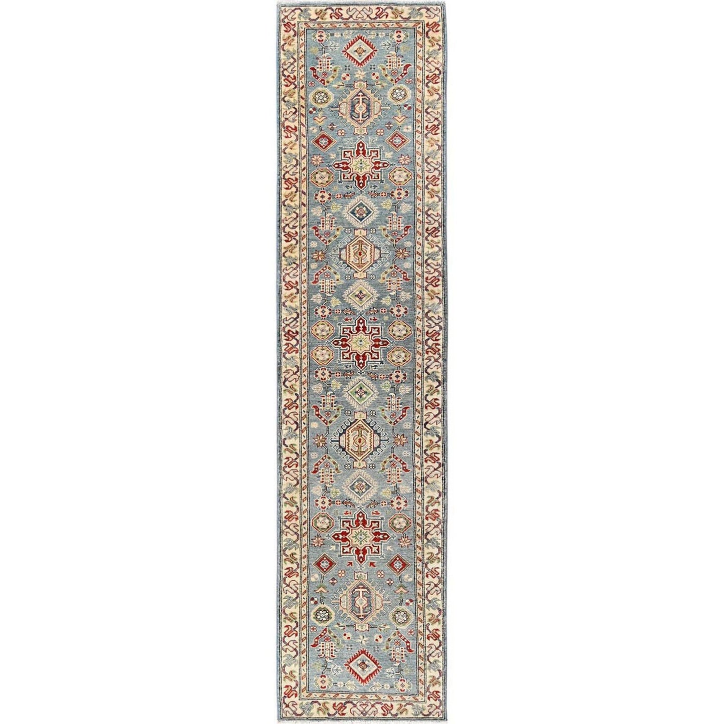 2'9"X12'9" Blue Kazak With Geometric Design Hand Knotted Rug Wool Runner