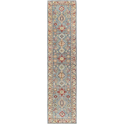 2'9"X12'9" Blue Kazak With Geometric Design Hand Knotted Rug Wool Runner