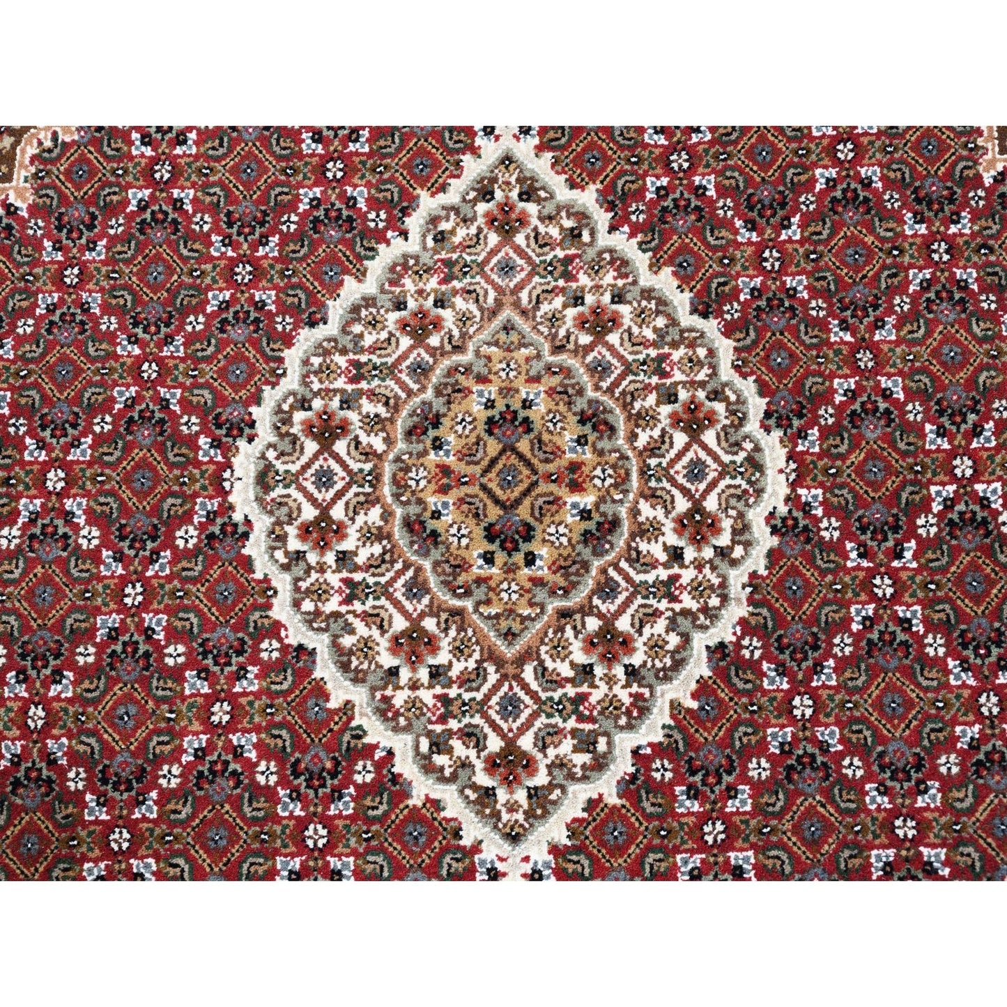 5'X5' Red Hand Knotted Tebraz Mahi Fish Design Wool-Silk Square Rug