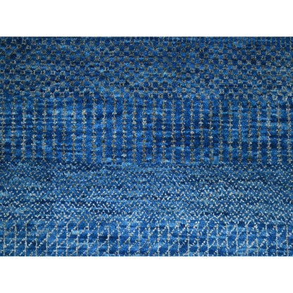 9'X12' Imperial Blue Modern Grass Design Hand Knotted Wool And Silk Rug