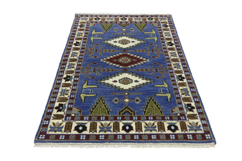 Hand-Knotted Kazak Oriental Rug 4X6 Ft Blue