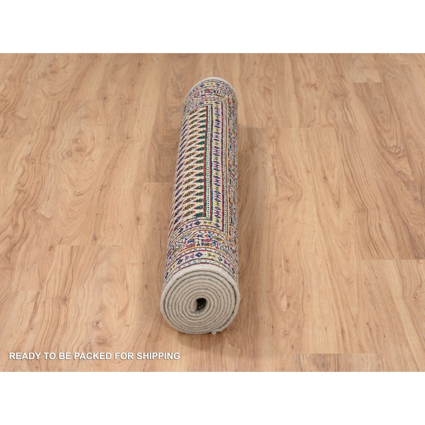 4'X10' Hand Knotted Beige Saroogh Wool And Sari Silk Wide Runner Rug