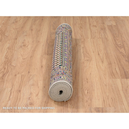 4'X10' Hand Knotted Beige Saroogh Wool And Sari Silk Wide Runner Rug