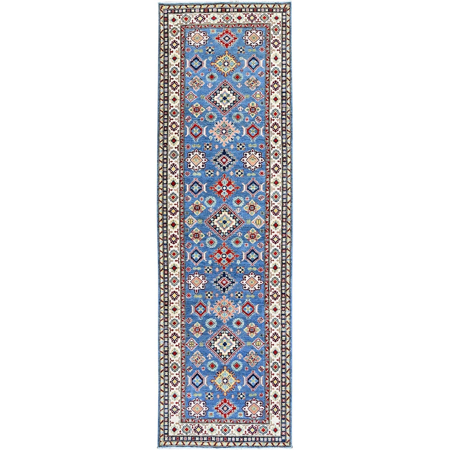 4'X13' Blue Kazak With Geometric Design Hand Knotted Soft Wool Runner Rug