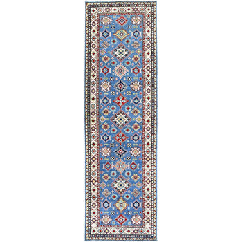 4'X13' Blue Kazak With Geometric Design Hand Knotted Soft Wool Runner Rug