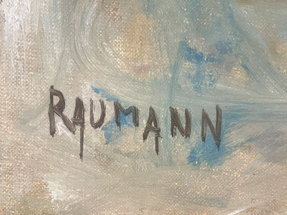 15F Joseph Raumann (Hungary) Oil Painting "Flowers and Blue Teacup" Still Life