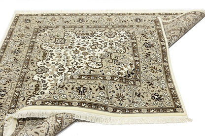 Hand-Knotted Kirman Square Rug Cream Floral Wool