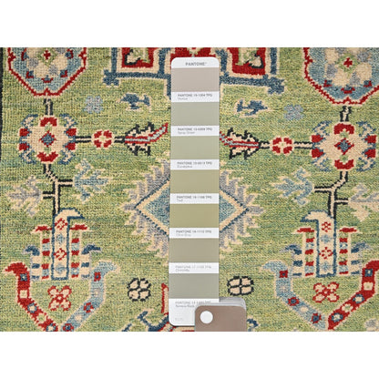 2'8"X12'7" Green Kazak With Geometric Design Hand Knotted Rug Wool Runner