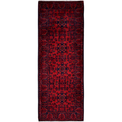 1'10"X5'1" Red Afghan Khamyab Geometric Hand Knotted Soft Wool Runner Rug
