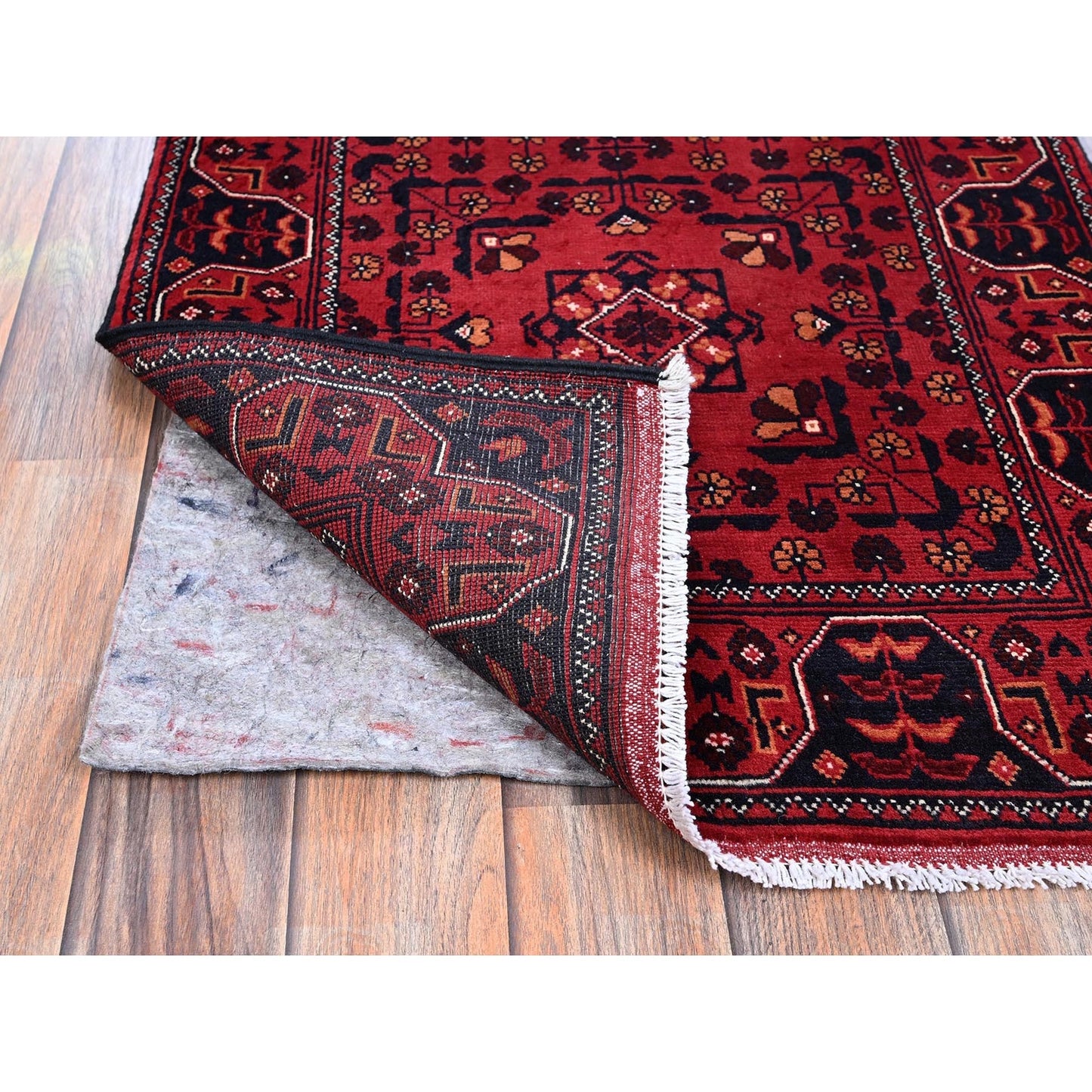 2'3"X5'4" Red Afghan Khamyab Geometric Pattern Hand Knotted Wool Runner Rug