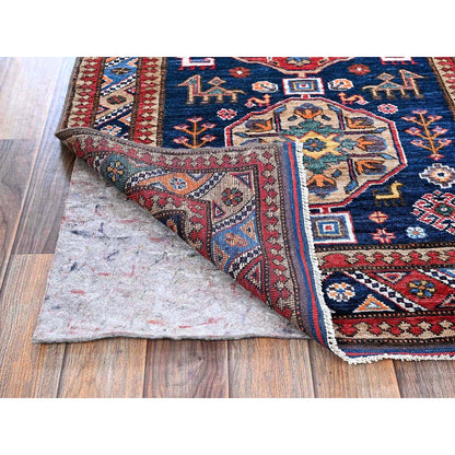 2'8"X9'6" Navy Blue Caucasian Design Revival Hand Knotted Wool Runner Rug