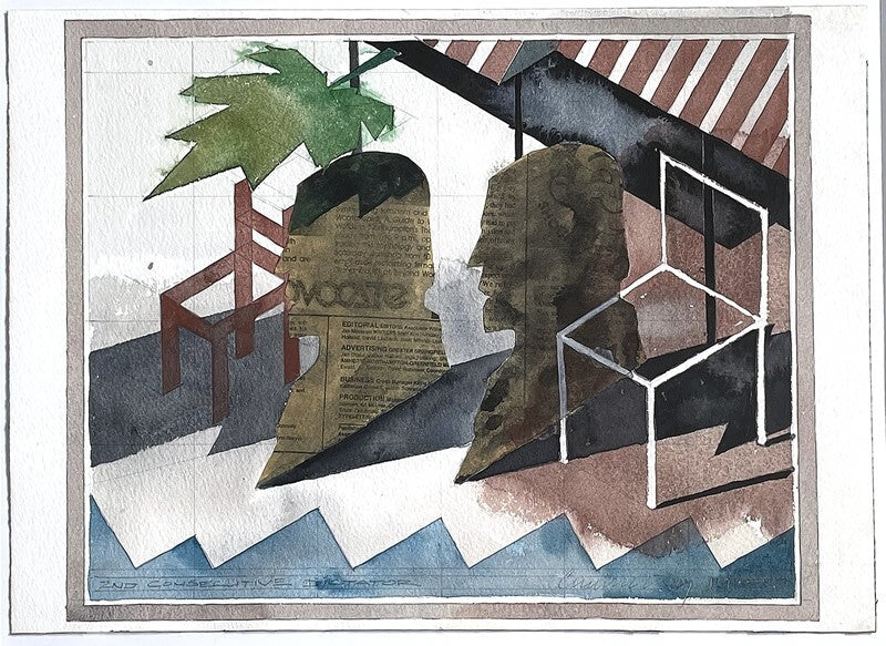 Robert H. Cumming (Usa) Original Painting Watercolor Collage On Paper Signed