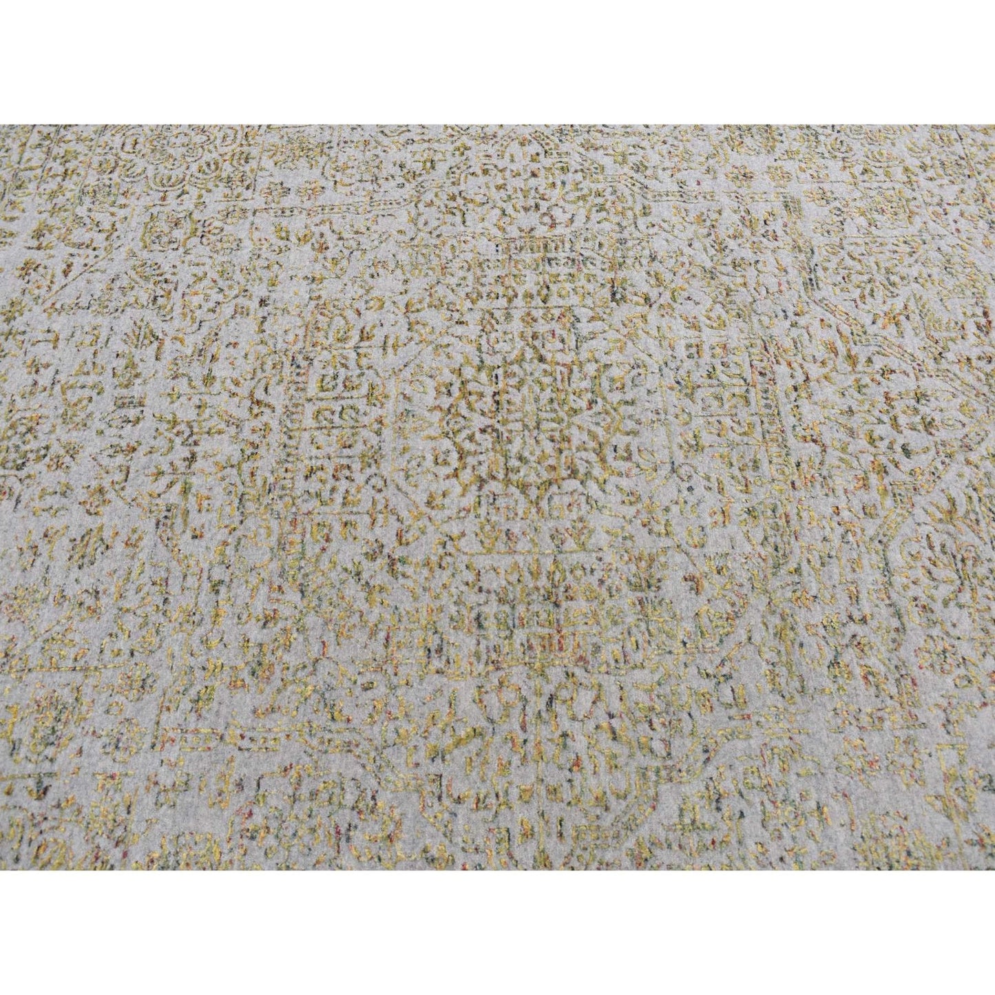 9'10"X14' Silk Gray Broken Mamluk Design Hand Loomed Wool And Silk Rug