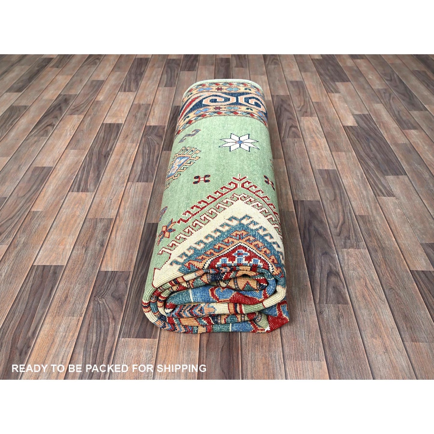 8'4"X9'7" Green Afghan Special Kazak Geometric Design Wool Hand Knotted Rug