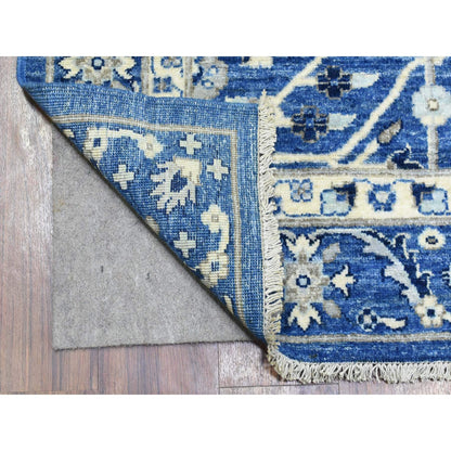 4'3"X11'9" Blue Fine Peshawar Soft Wool Hand Knotted Wide Runner Rug
