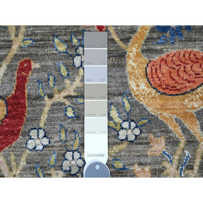 10'X13'6" Gray Hand Knotted Afghan Peshawar Birds Design Soft Wool Rug