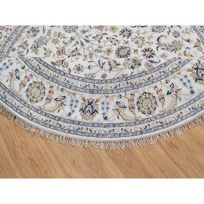 7'10"X7'10" Ivory Nain Floral Pattern Wool & Silk Hand Knotted Round Rug