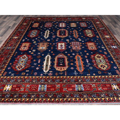 8'5"X9'8" Yale Blue Afghan Caucasian Design Revival Hand Knotted Wool Rug