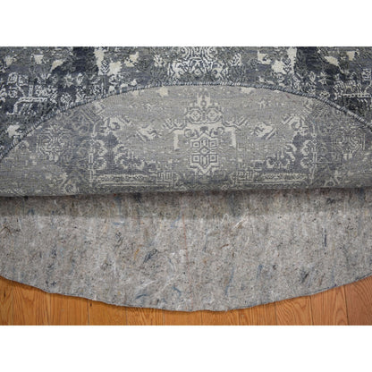 4'X4' Round Gray Wool And Pure Silk Jewellery Design Hand Knotted Rug