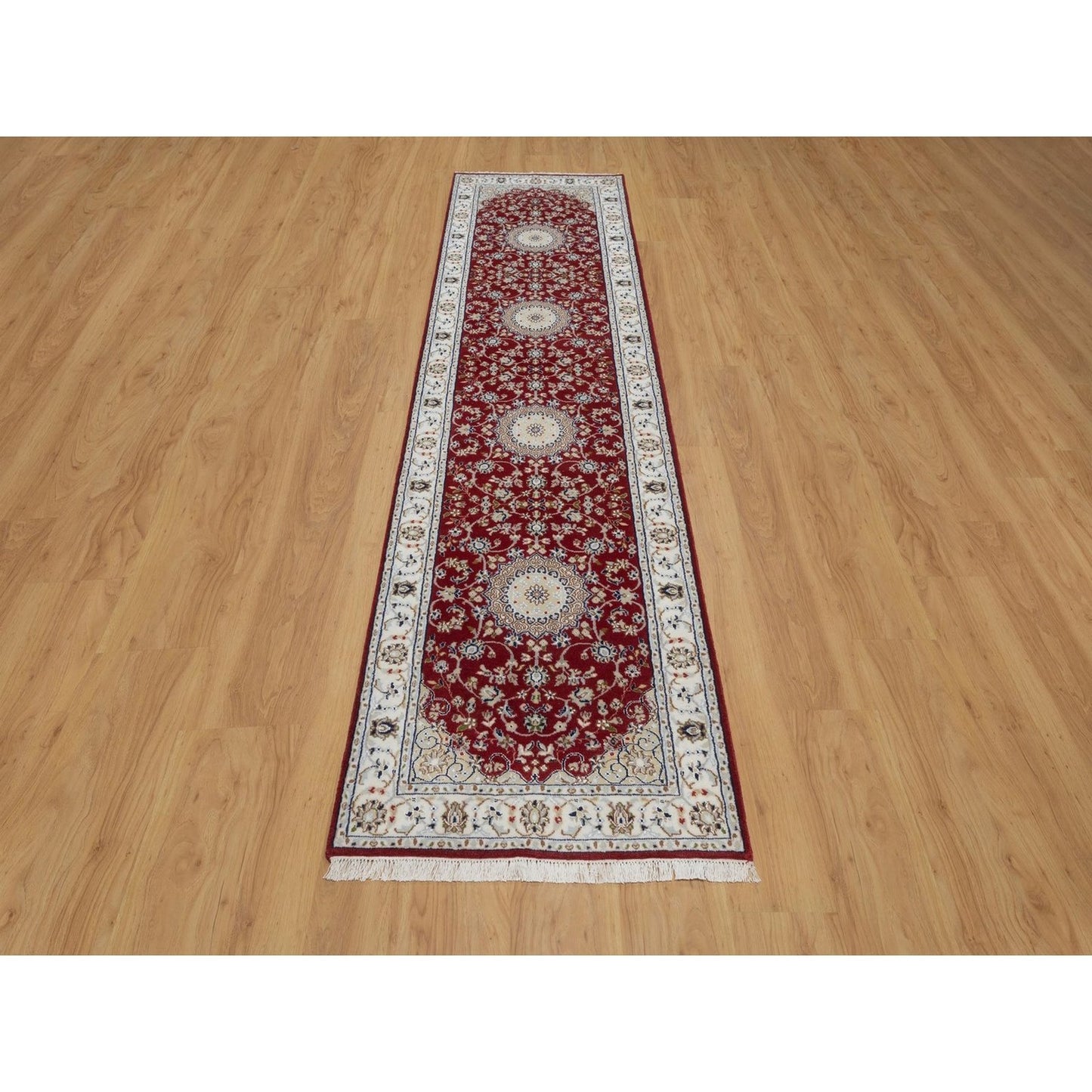 2'7"X10'3" Red Hand Knotted Nain Medallion Design Wool & Silk Runner Rug