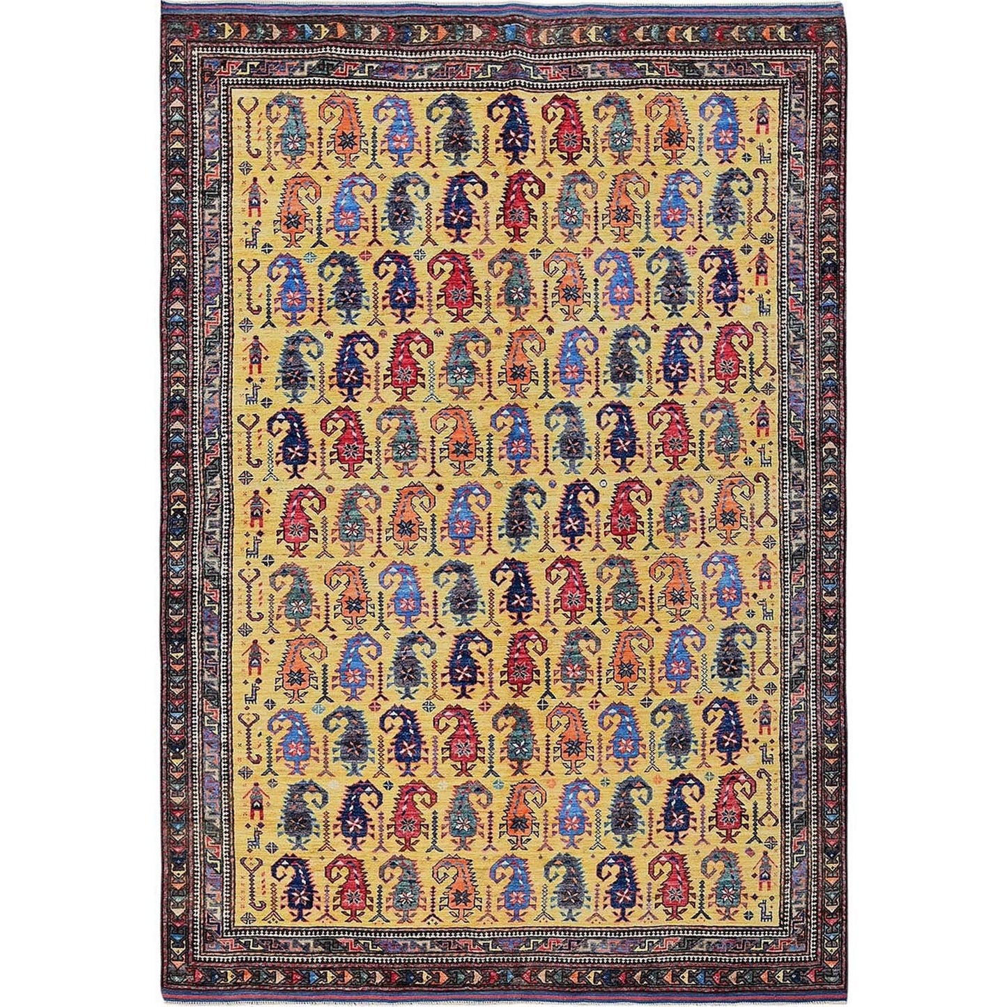 6'1"X8'10" Yellow Afghan Caucasian Design Revival Hand Knotted All Wool Rug