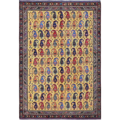 6'1"X8'10" Yellow Afghan Caucasian Design Revival Hand Knotted All Wool Rug