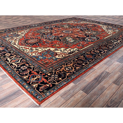 9'10"X14'3" Coral Red Seeripe Heris Design Hand Knotted Soft Wool Rug