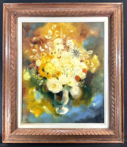 Yves Chaix Oil Painting Bouquet Blanc et Or French Modern Floral Art Framed