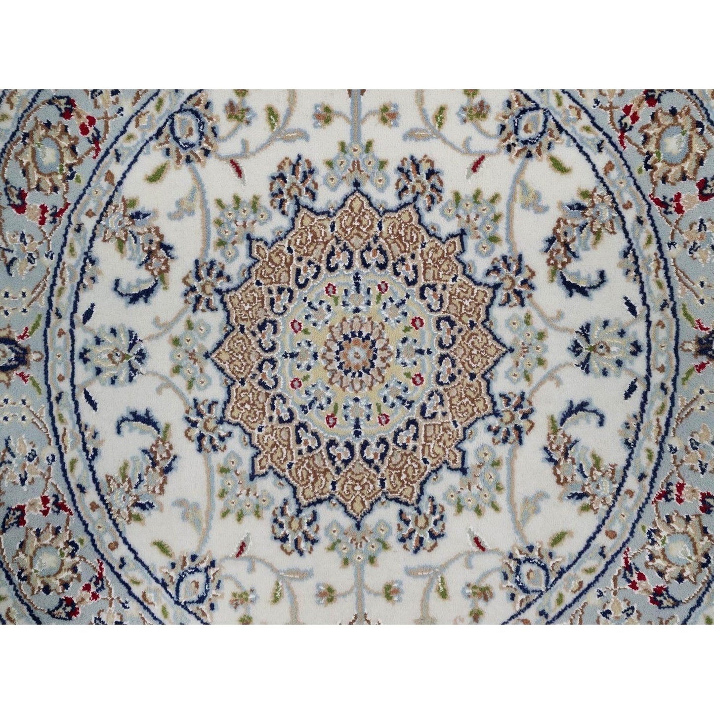 3'3"X3'3" Ivory Wool And Silk Nain Flower Design Hand Knotted Round Rug