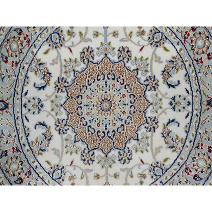 3'3"X3'3" Ivory Wool And Silk Nain Flower Design Hand Knotted Round Rug