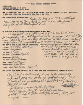 Carl Erskine Autographed Hand Filled Out Survey