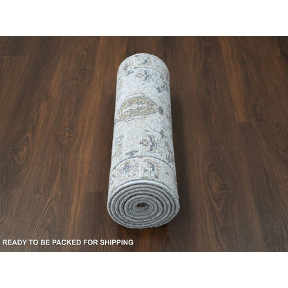 2'7"X9'9" Cloud Gray Pure Wool Karjihooz Design, Hand Knotted Runner Rug