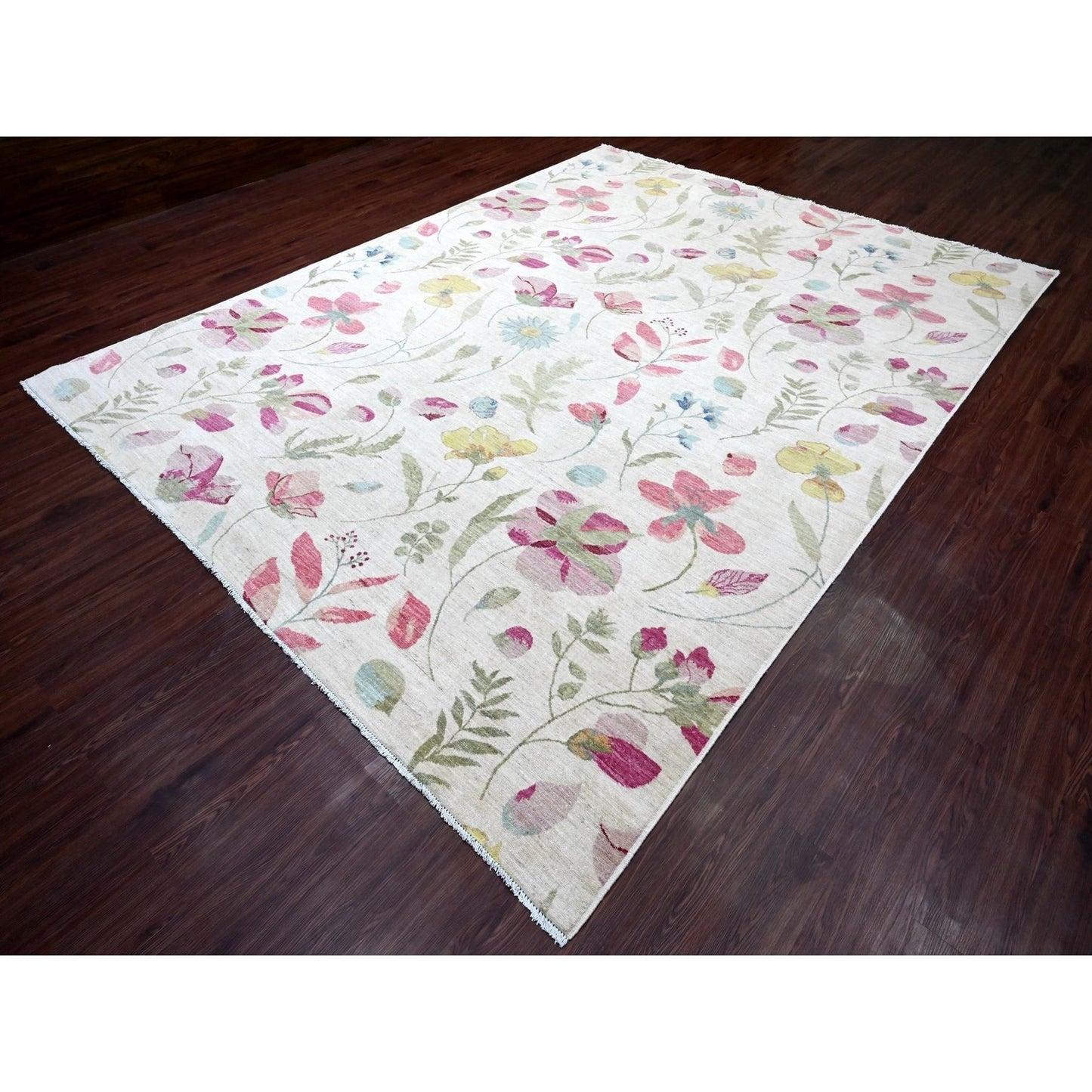 9'X11'9" White Colorful Botanical Garden Design All Wool Hand Knotted Rug