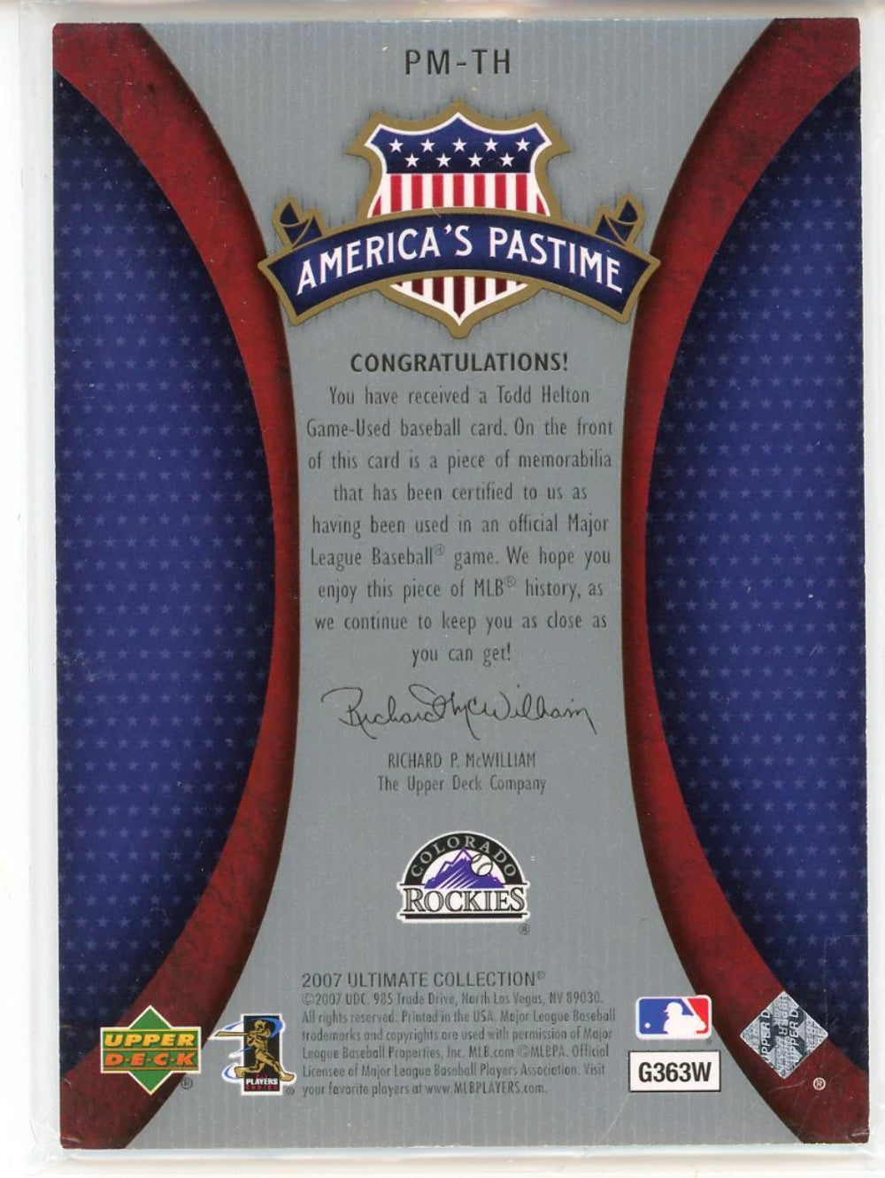 Todd Helton 2007 Upper Deck America'S Pastime Game Used Patch Card #Pm-Th