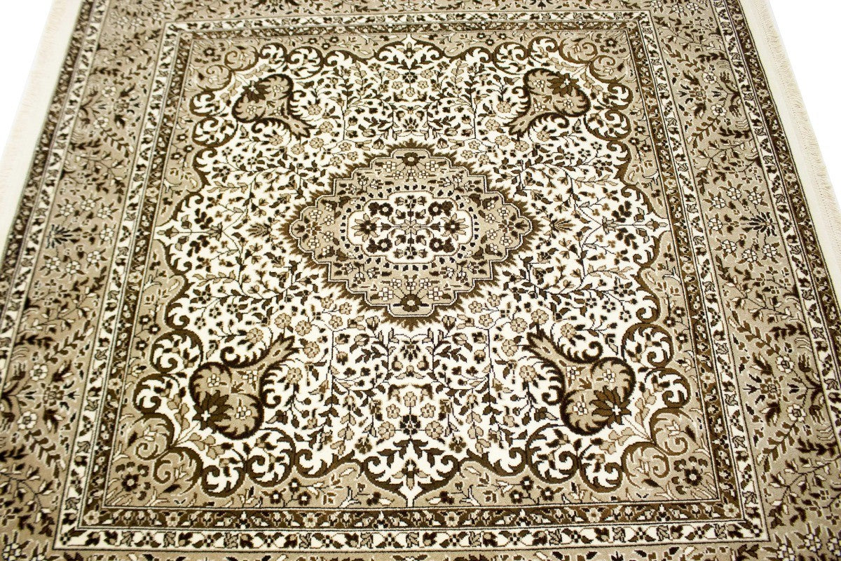 Hand-Knotted Cream Kirman Square Rug Oriental Classic Floral Area Carpet 6X6 ft