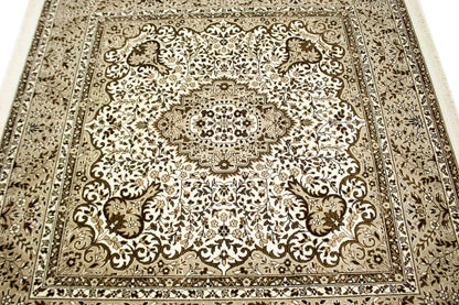 Hand-Knotted Cream Kirman Square Rug Oriental Classic Floral Area Carpet 6X6 ft