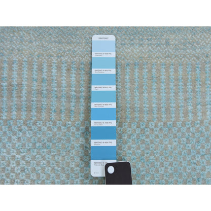 2'8"X15' Blue Hand Knotted Modern Grass Design Wool/Silk Xl Runner Rug