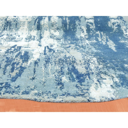 9'x9' Blue Hand Knotted Abstract Design Pure Silk and Wool Round Rug