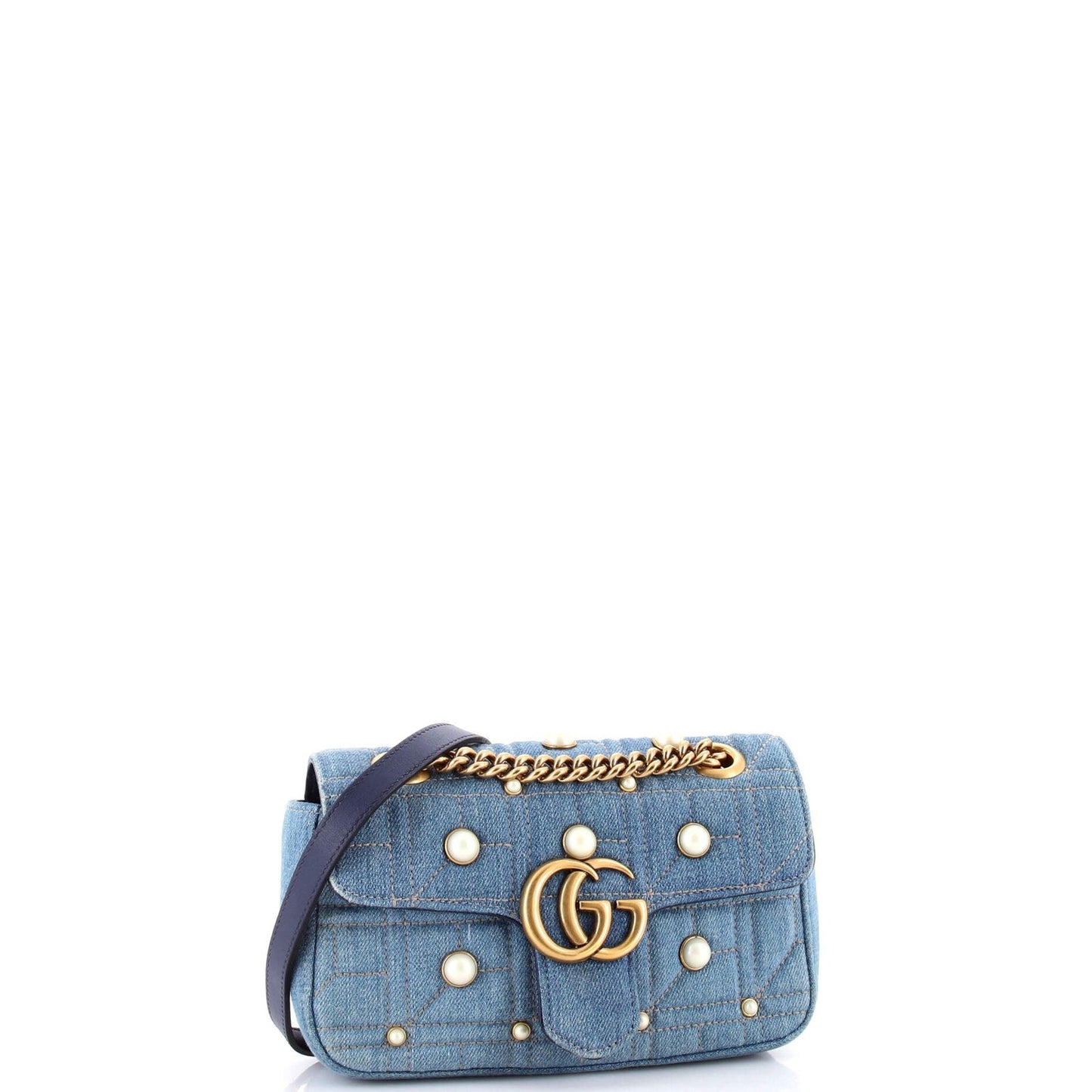 Gucci Pearly Gg Marmont Flap Bag Embellished Matelasse Denim Mini