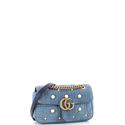 Gucci Pearly Gg Marmont Flap Bag Embellished Matelasse Denim Mini